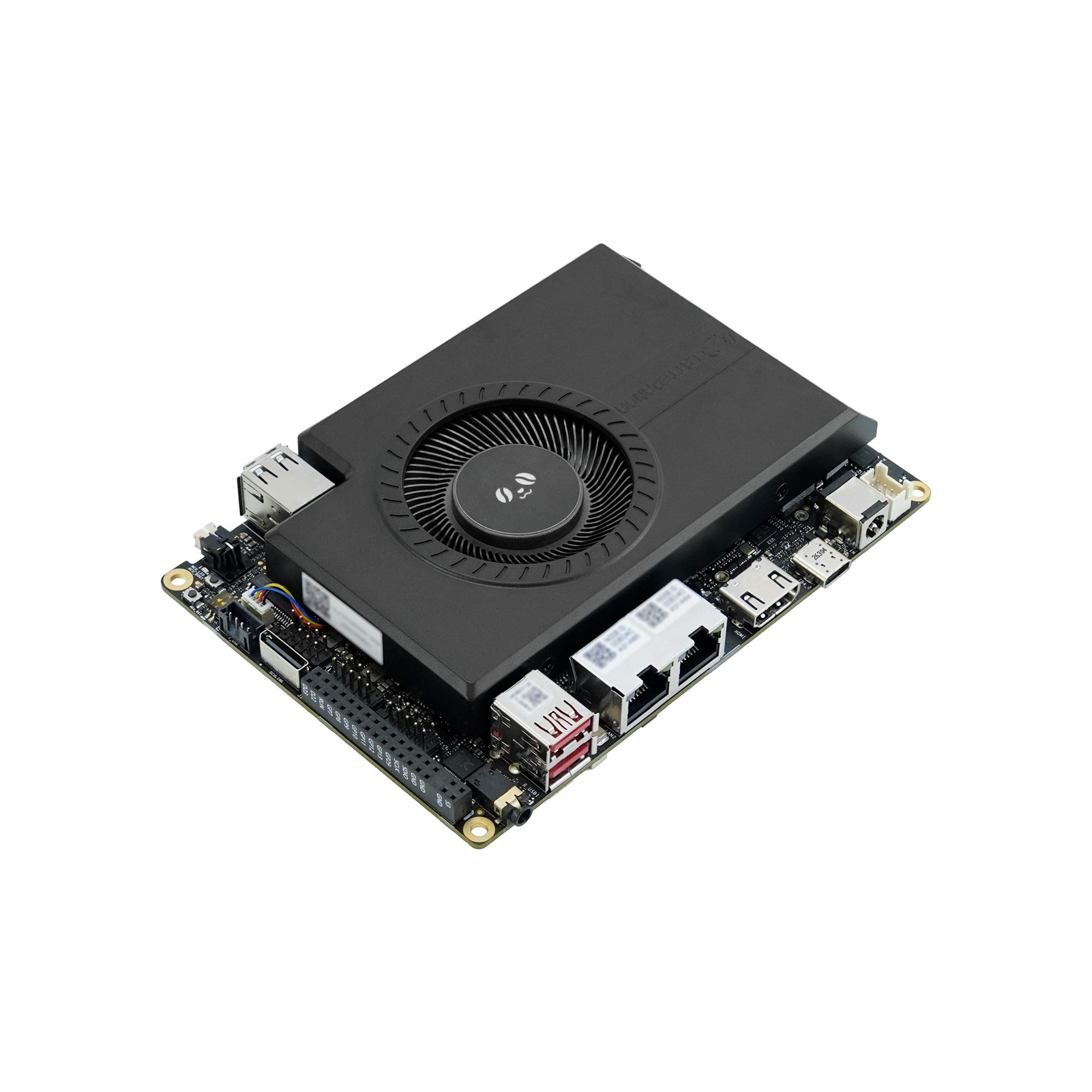 Angled view of LattePanda Sigma 2 with its active cooler, dual Ethernet ports, and hardware headers