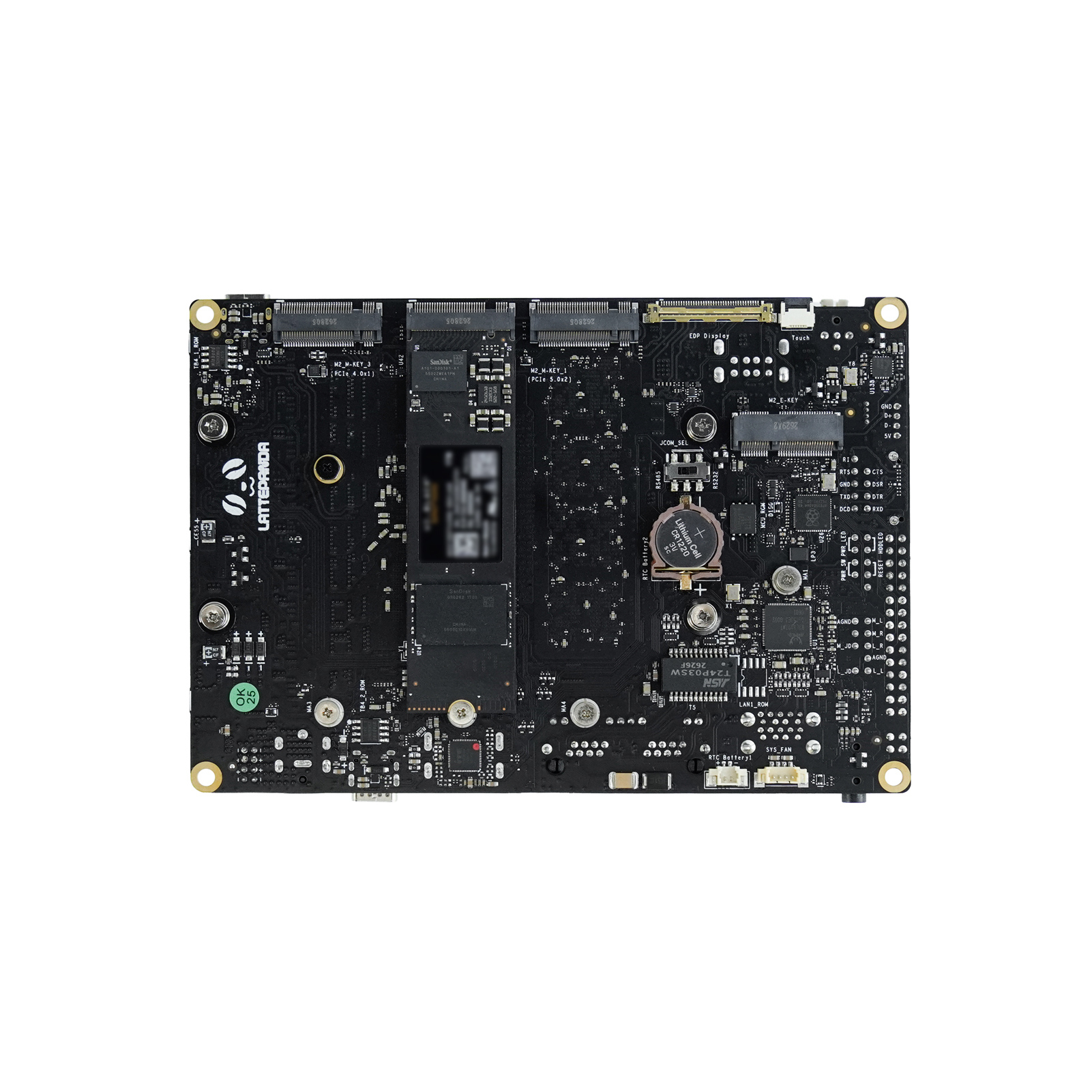 Underside of LattePanda Sigma 2 showing M.2 connectors, a fitted SSD, and internal headers