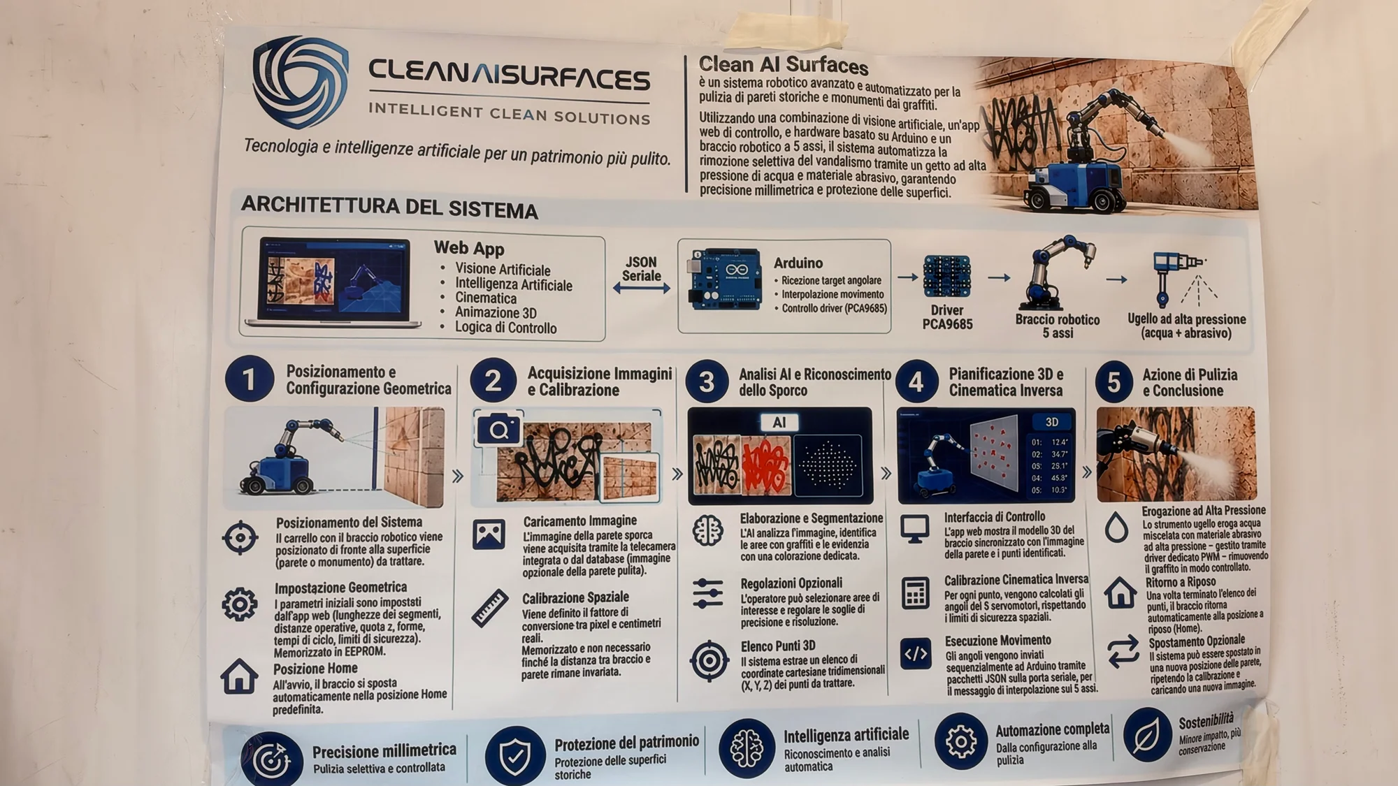 Clean AI Surfaces system diagram showing image analysis, Arduino control and robotic cleaning