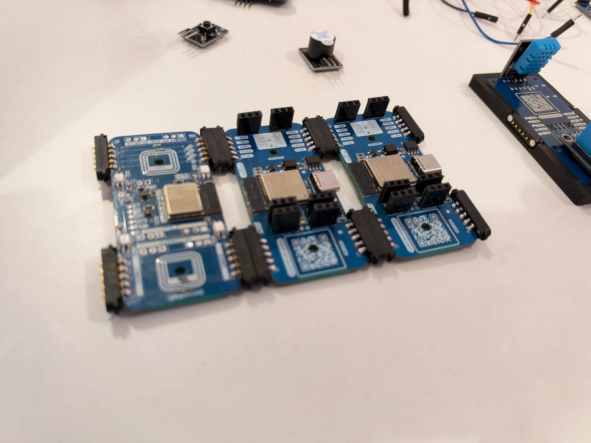 Spaghetti Lab modular electronics boards connected in a compact arrangement