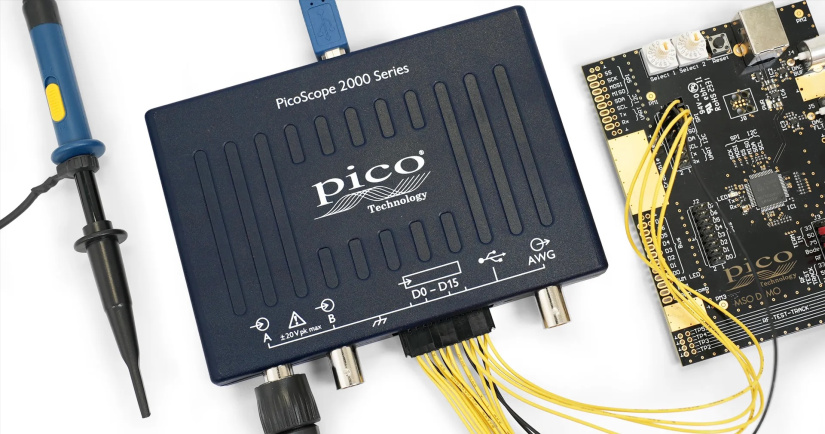 PicoScope 2000 Series MSO connected to a demonstration board with digital leads and an oscilloscope probe