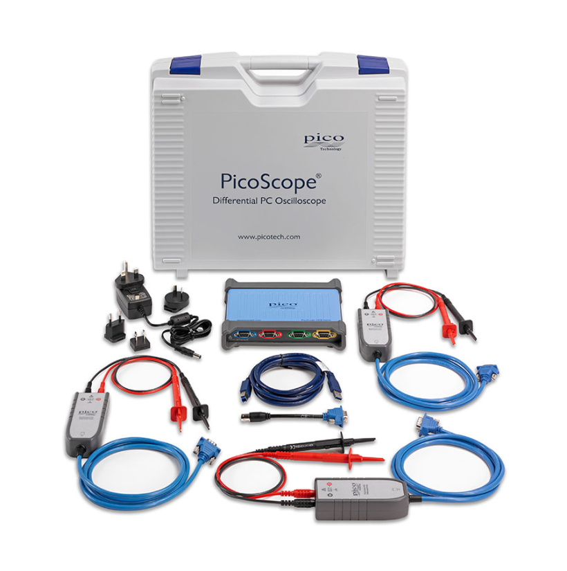 PicoScope 4444 high-voltage kit with carrying case, three differential voltage probes, leads, USB cable and power supply