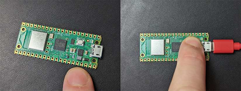 Two side by side images showing where the BOOTSEL button is, then it being pressed while the cable is inserted