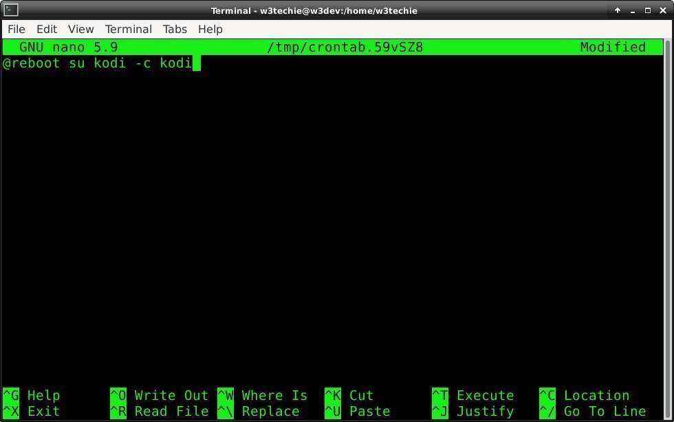 Using a shell command our line reads @reboot /usr/bin/kodi