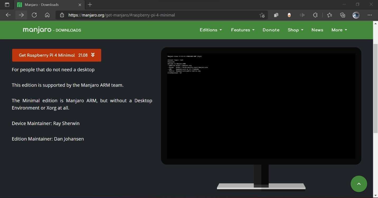 Downloading the official minimal Manjaro Linux image for Raspberry Pi, download options.