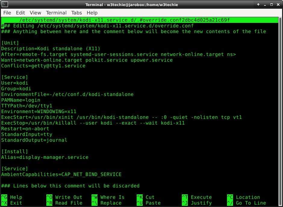 Kodi X11 web service is configured in /etc/systemd/system/unit.d/override.conf by running systemctl edit kodi.service.