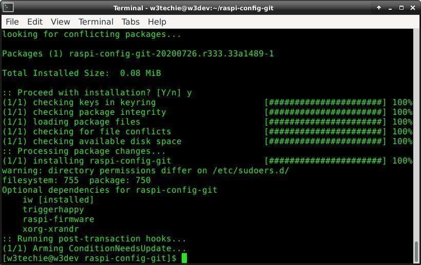 Using makepkg to install raspi-config for Manjaro Linux with the Pacman package manager.