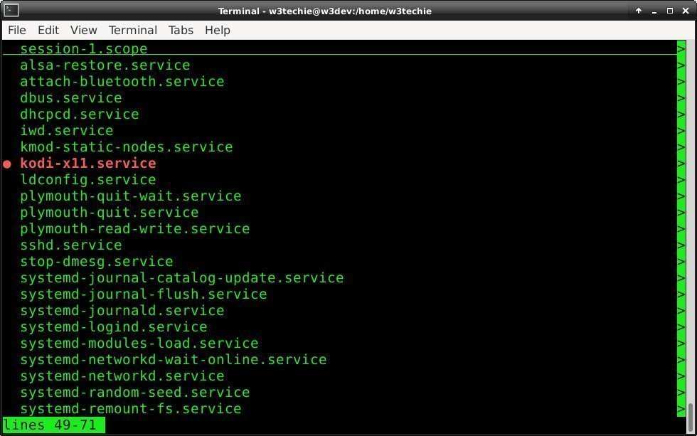 Systemctl listing services shows kodi-x11.service running after installing Kodi Standalone Service.