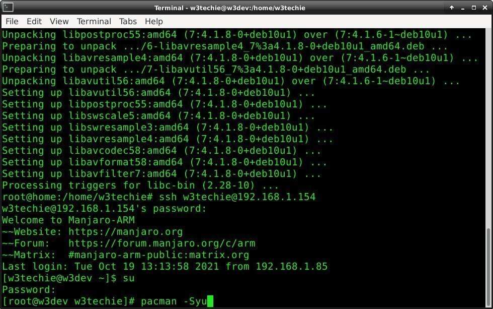 Updating the Debian local machine and remote Manjaro media box with Pacman package manager.