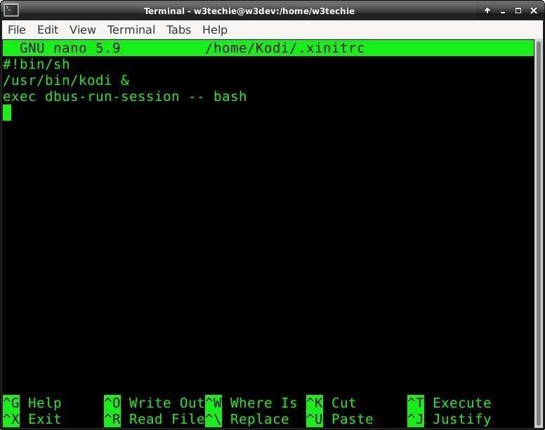 This shows the Xinitrc file for user Kodi on Manjaro Minimal for Raspberry Pi 4.