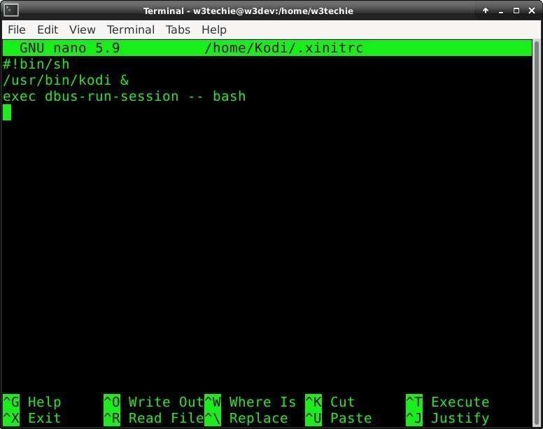 This shows the Xinitrc file for user Kodi on Manjaro Minimal for Raspberry Pi 4.
