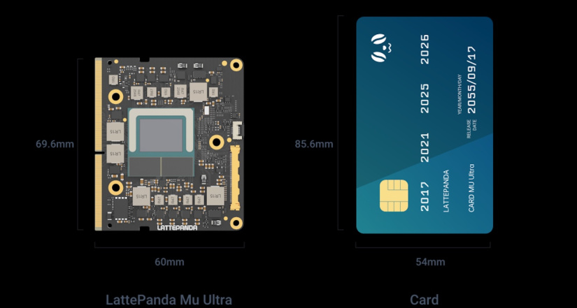LattePanda Mu Ultra 69.6 by 60 mm module compared with a bank card