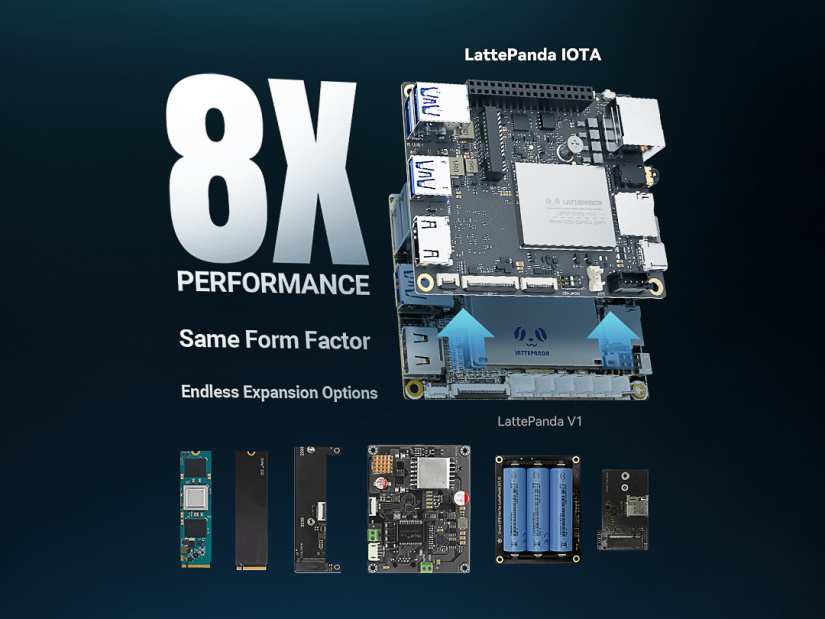 Close-up of LattePanda IOTA ports: HDMI 2.1, USB 3.2 Gen2 Type-A, RJ45, and headers