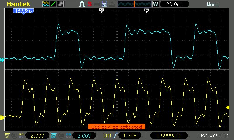Oscilloscope traces from ELM11 Feather RTL hardware bit-bash demo