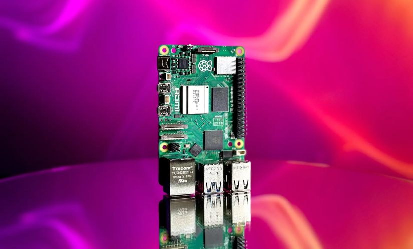Raspberry Pi 5 on a purple background