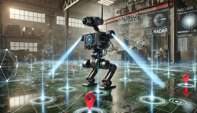 A futuristic robot equipped with radar sensors navigating through a complex environment. The robot is detecting objects using radar, represented by ar.jpeg