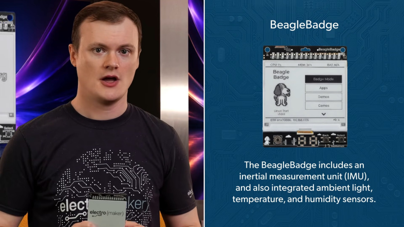 The BeagleBadge includes an inertial measurement unit (IMU), and also integrated ambient light, temperature, and humidity sensors.