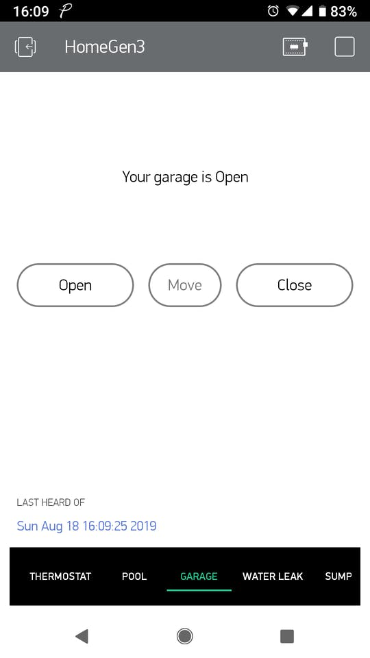 the Blynk tab for the garage opener