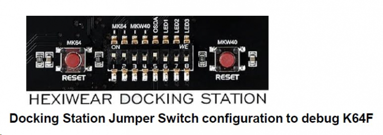 Set the jumper switches of the Docking station to 11001000 to program or debug the Application/K64F controller.