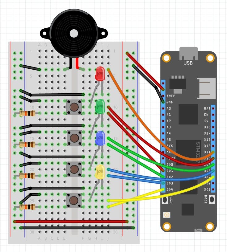Circuit assemble of Simon game connected to Meadow