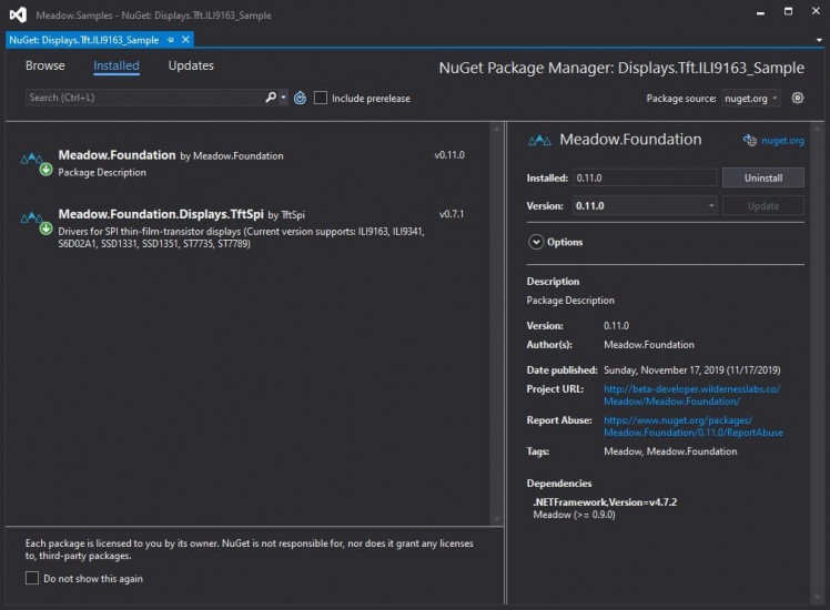 Adding Meadow.Foundation.Displays.TftSpi NuGet package