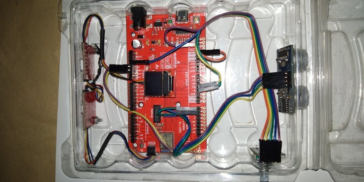 All quiic sensors are in place and also a ultrasonic distance sensor. The sparkfun VCNL4040 is also a distance sensor but I planned to use it as light sensor and it's range is also not as much as ultrasonic sensor. You can also see a rotatry encoder to be used to navigate through menus on screen