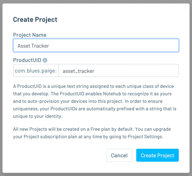 Notehub create a new project modal. 