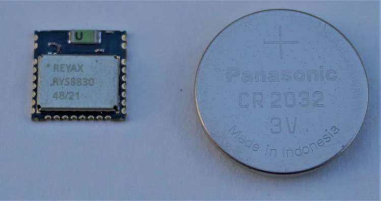 size comparison of the RYS8830 With the Standard CR2032 Battery