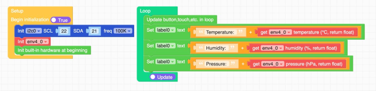 Simple program in UIFlow2 for getting the Temperature, Pressure and Humidity from the ENV IV Unit.
