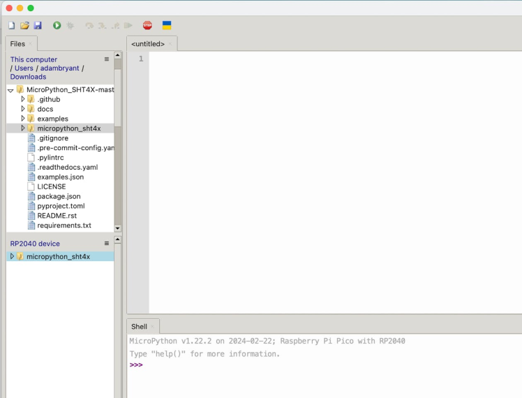 Thonnys IDE showing the micropython_sht4x folder uploaded to the RPI Pico