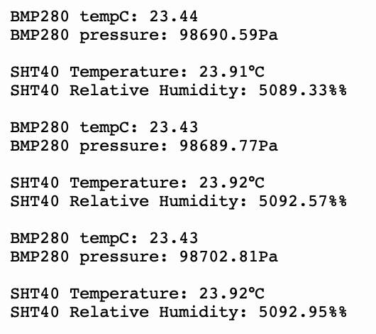 BMP280 and SHT40 sensor readings from Thonnys output shell.